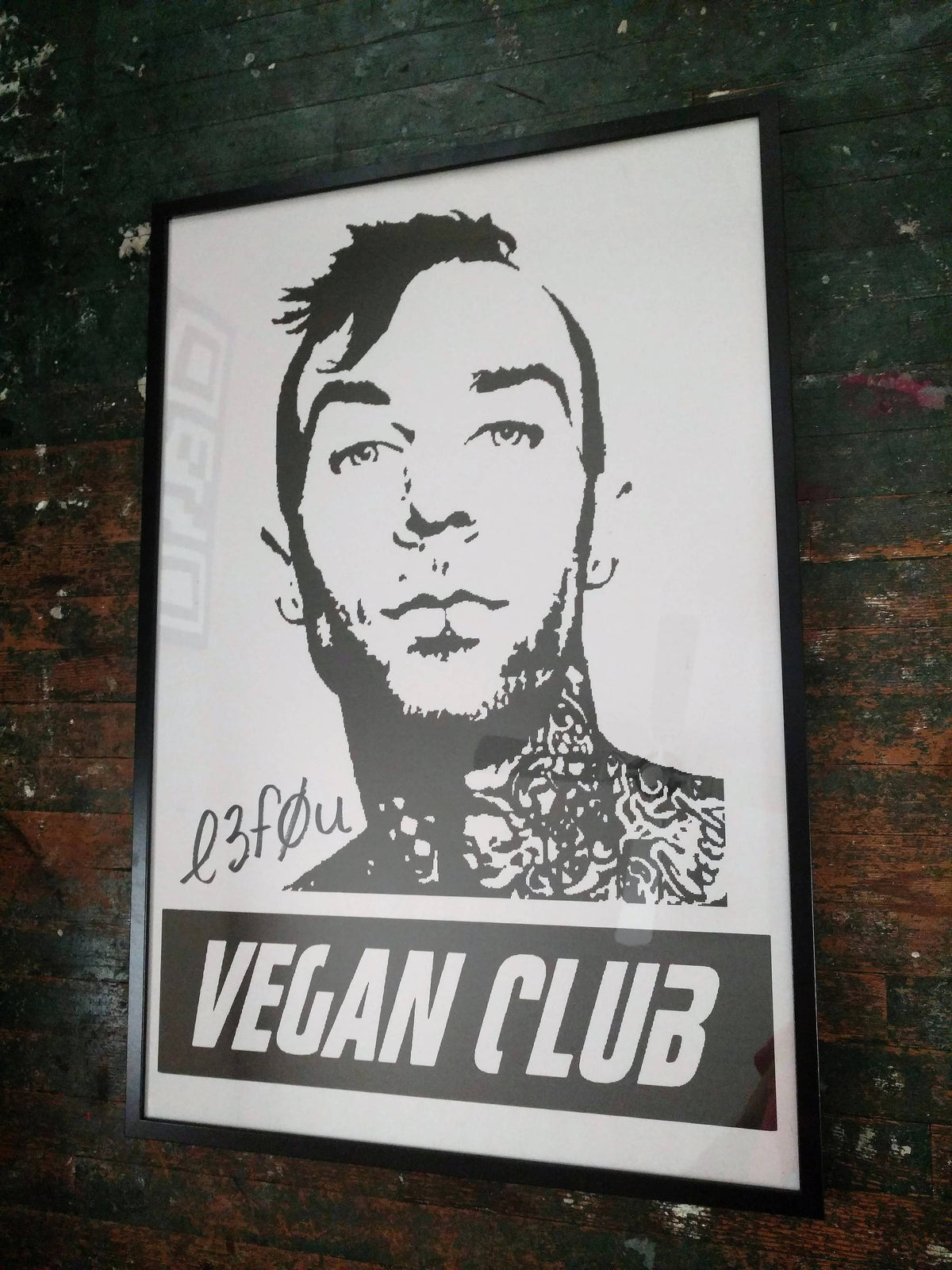 Framed on black wood Street Art NewsPrint Poster 24x36 Vegan Club feat Travis Barker signed by LeFou - pic @thekatvond @chefitophoto @street_art_los_angeles