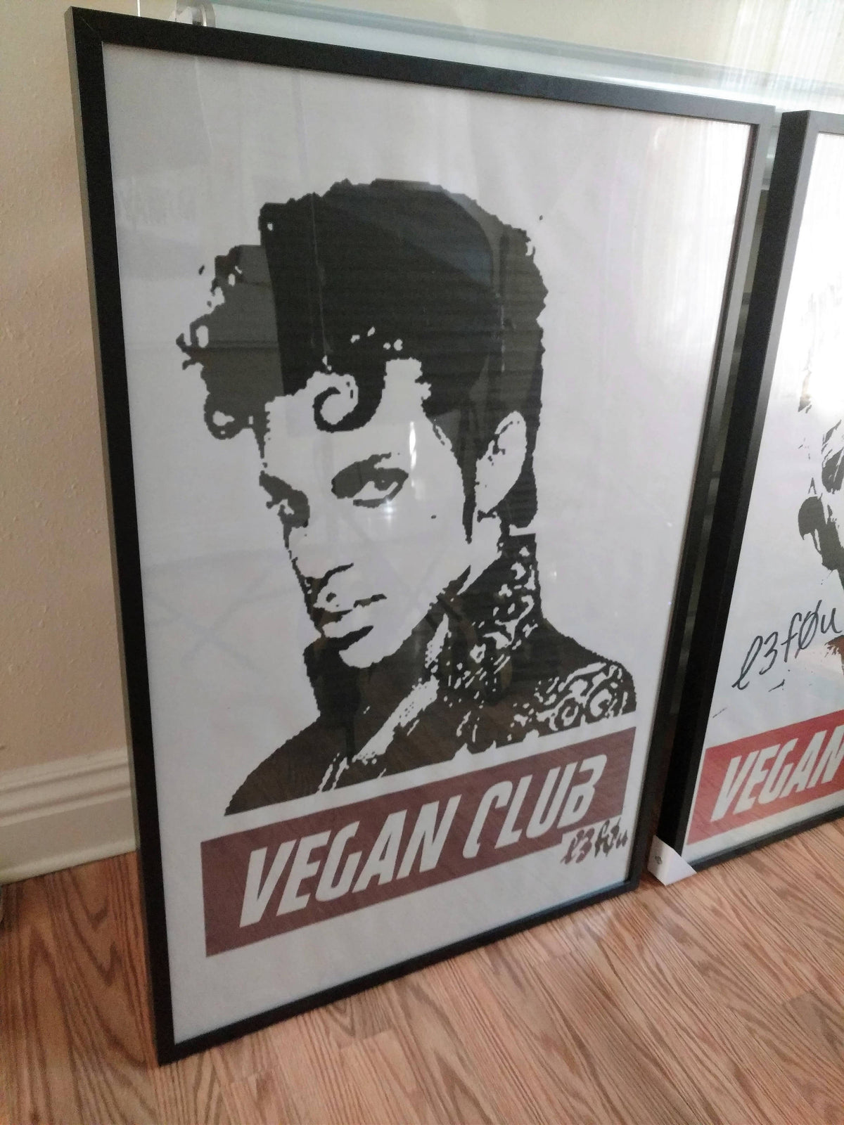 Framed on black wood Street Art NewsPrint Poster 24x36 Vegan Club featuring Prince signed by LeFou