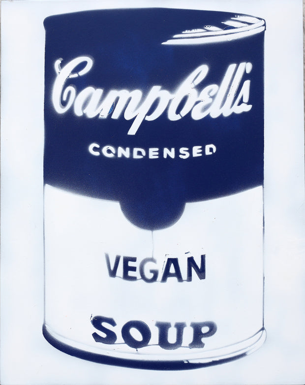 14x11 Original Artwork Vegan Campbell's Soup a la Warhol by Le Fou (blue and white)