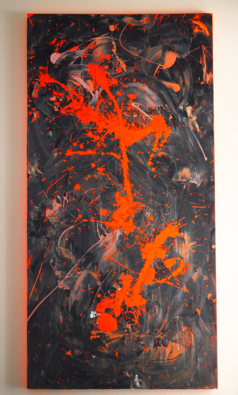 666 - original abstract art painting with black and orange fluorescent colors