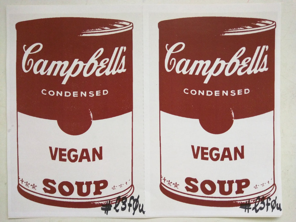 2 Stickers Vegan Soup Red Warhol Pop Art Autographed l3f0u 5.5" x 8.5"