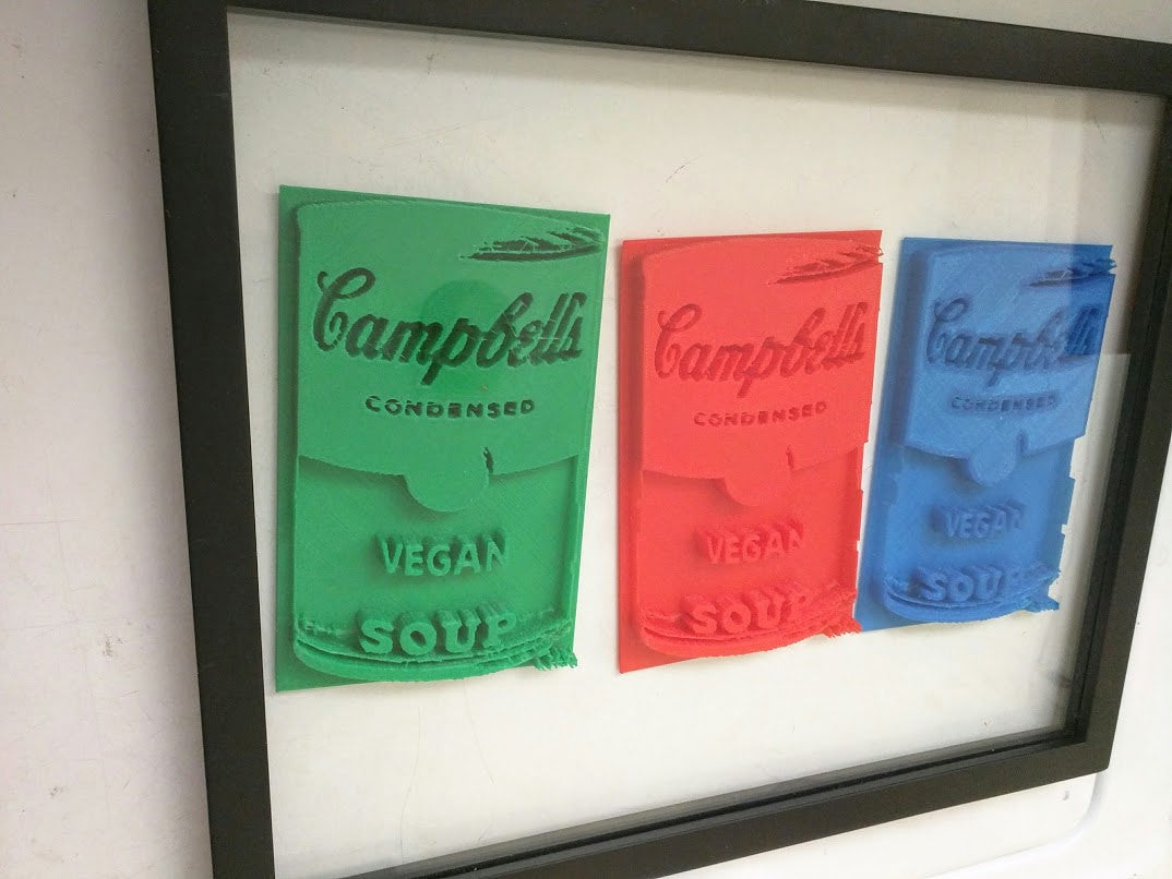 3D printed Campbell's Vegan Soups Green, Red and Blue framed in glass by L3f0u