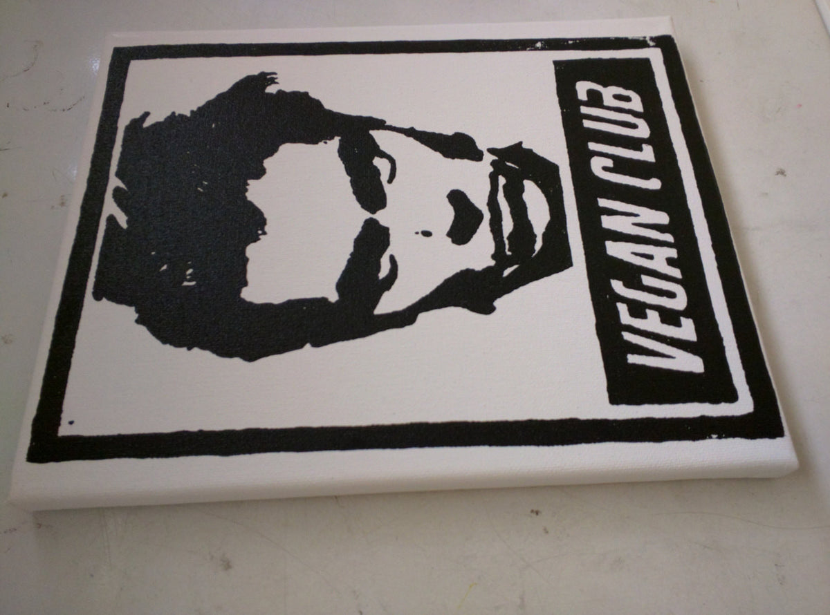 Original Artwork on canvas 8x10 "Vegan Club" featuring River Phoenix Signed on back L3f0u