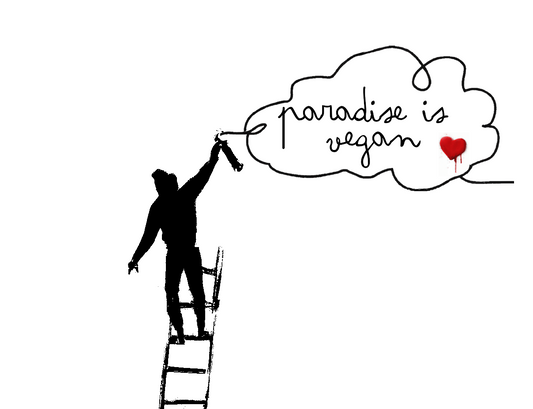 Paradise is Vegan, man spraying graffiti in the clouds, Ltd. Digital Print