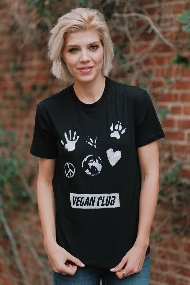 Vegan Club T-shirt feat. a paw, heart, hand, peace sign and Earth artwork by artist Brandi Jae